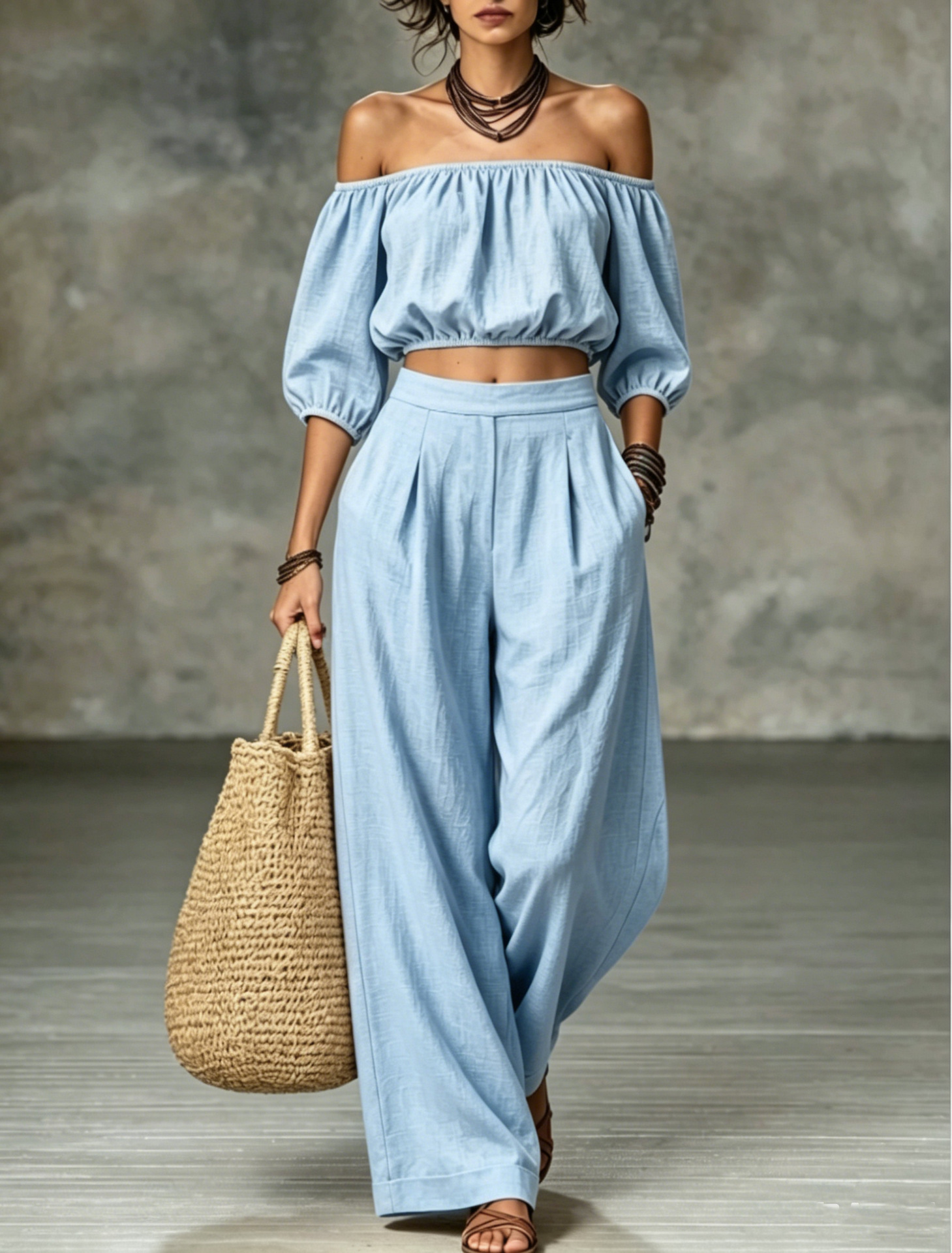 Off-Shoulder Lantern Sleeve High-Waist Wide-Leg Two-Piece Set