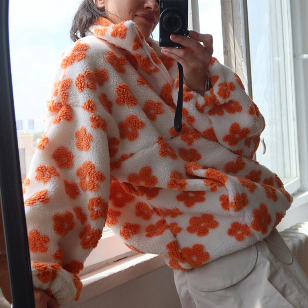 Fleece Floral Pullover Sweatshirt Warm Fuzzy Turtleneck Loose Fit