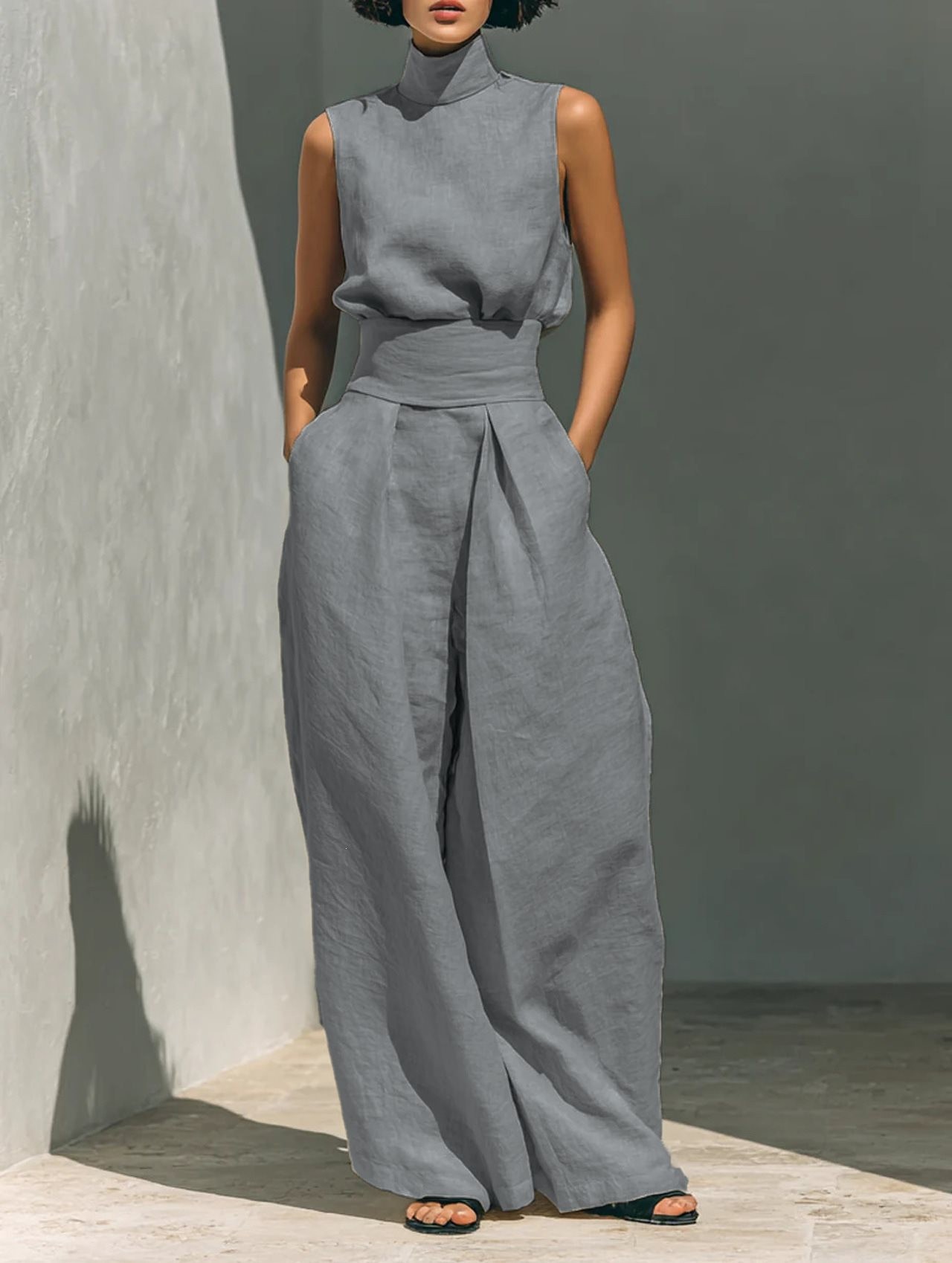 Women's Solid Sleeveless Top and Wide-Leg Pants Set