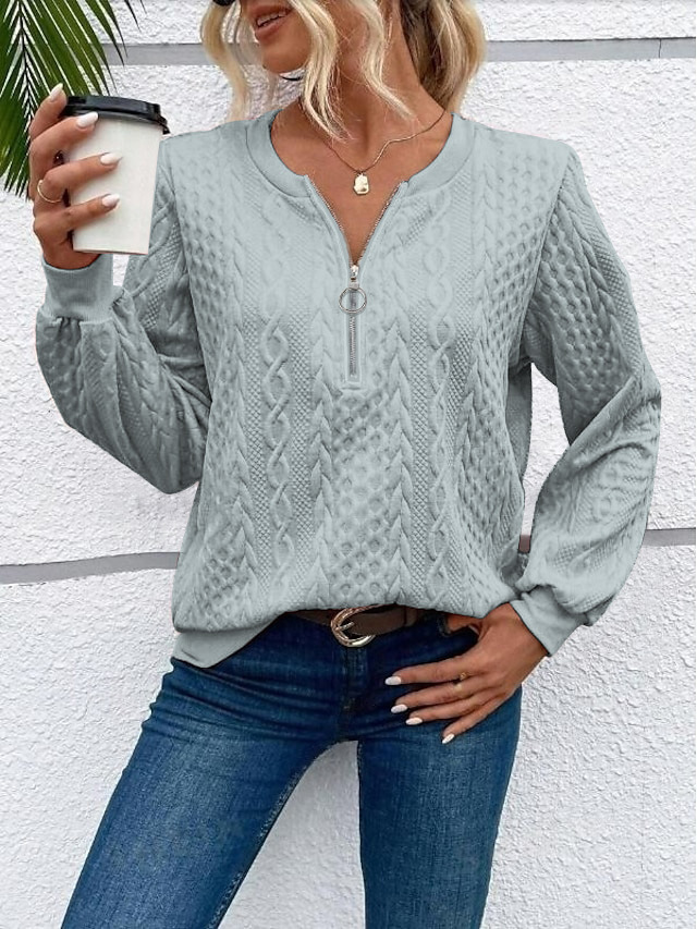Women's Casual Pullover Sweatshirt with Zip and Crew Neck Long Sleeve