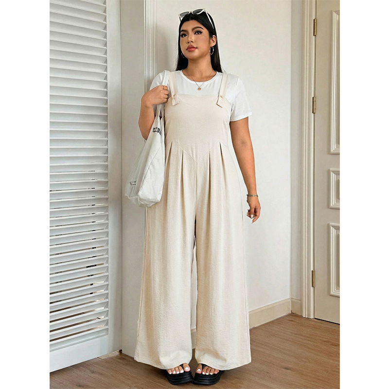 Women's Plus Size Beige Wide-Leg Jumpsuit with Straps