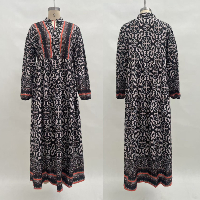 Plus Size V-Neck Floral Print Long Sleeve A-Line Midi Dress