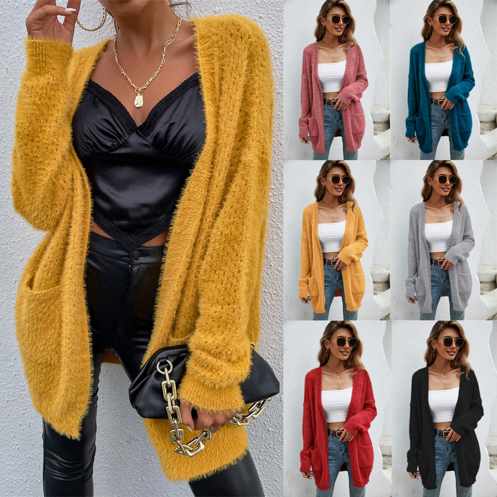 Women's Plus Size Mid-Length Knit Cardigan Open Front Long Sleeve