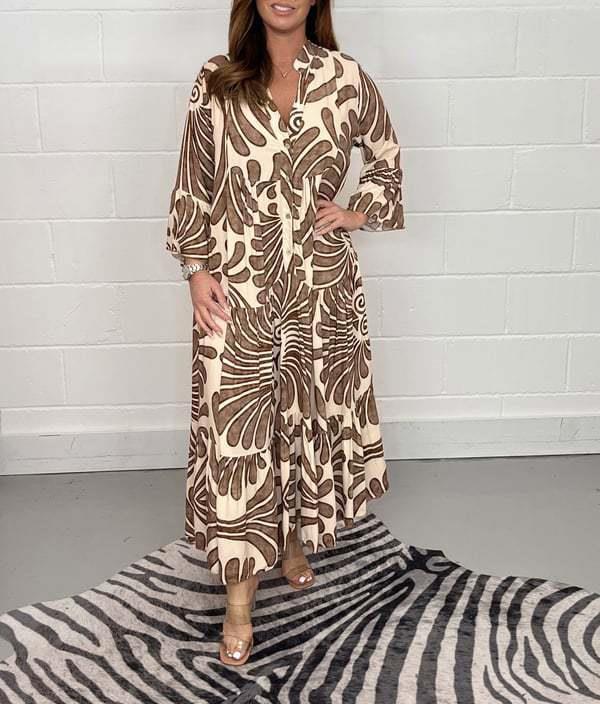 Women's Floral Print Loose Casual Dress with V-Neck and Seven-Sleeve