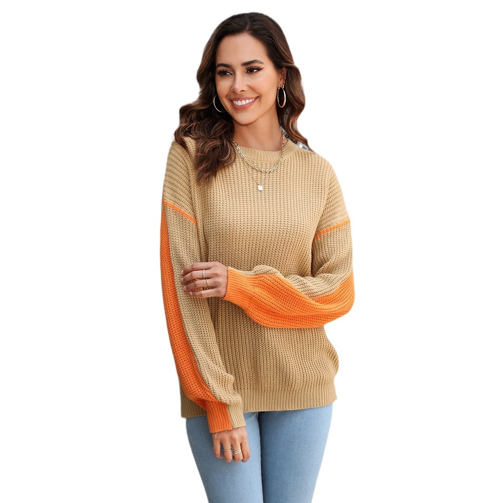 Casual Color-Block Crewneck Knit Sweater Loose Plus-Size Pullover