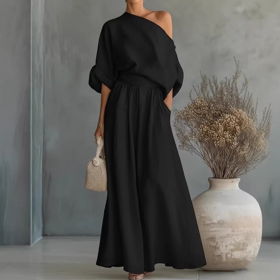 Elegant One-Shoulder Waist-Cinching Top and Skirt Two-Piece Set