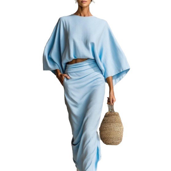 High-Waist Midi Skirt Set with Round-Neck Long-Sleeve Loose Top