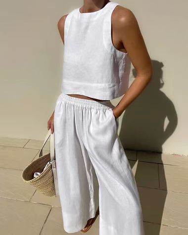 Women's Sleeveless Cotton-Linen Wide-Leg Pants and Tank Set