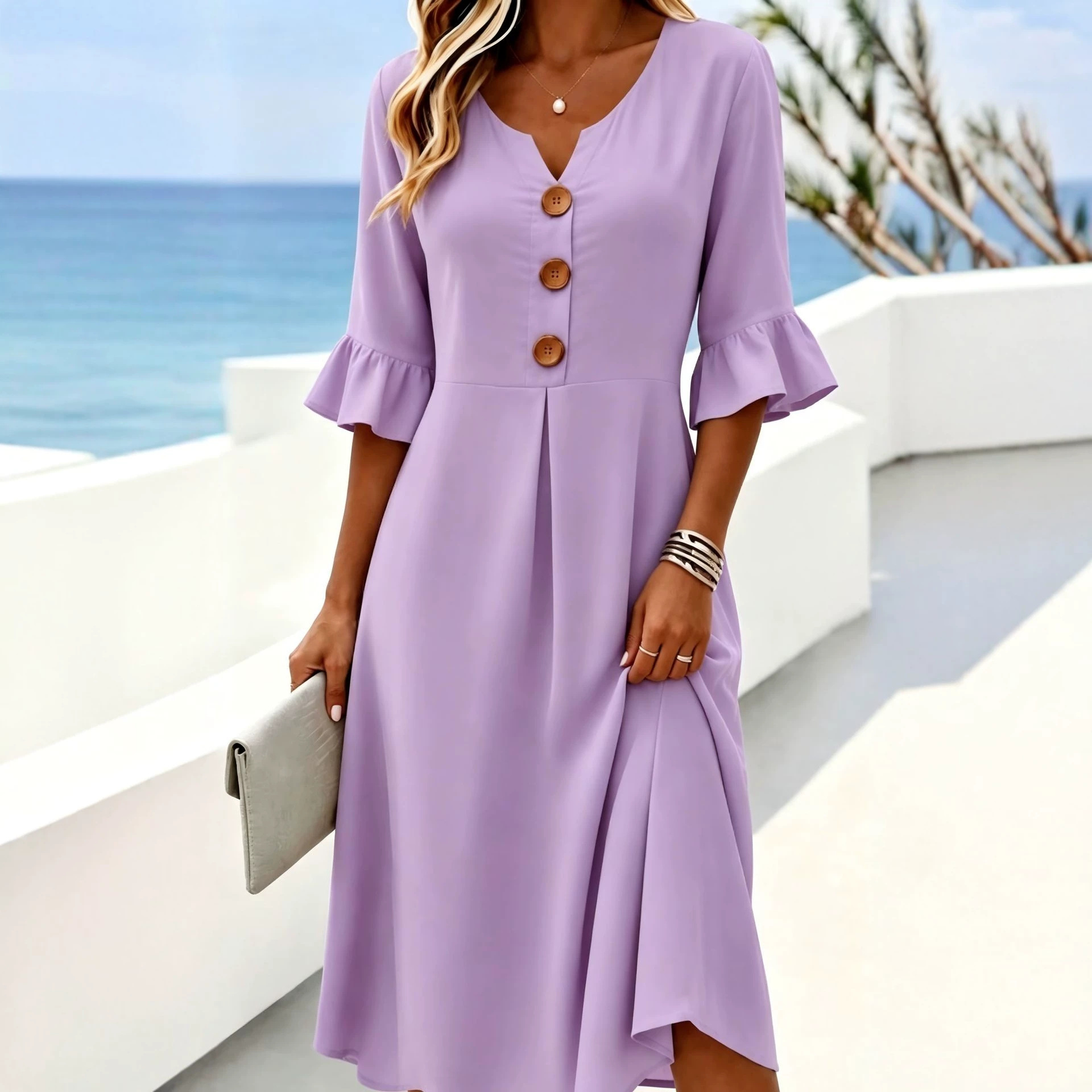 Women's Vintage Print Button Midi Dress