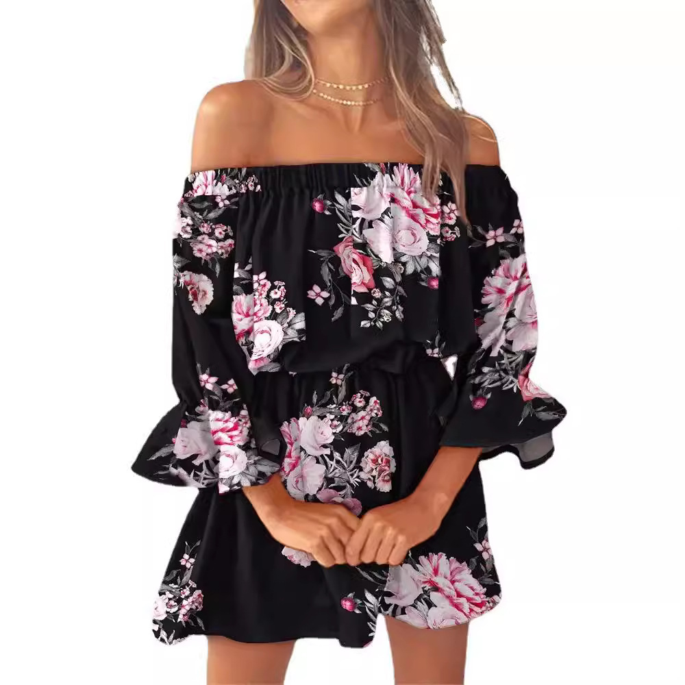 Women's Off-Shoulder Floral Print Dress Short Sleeve A-Line