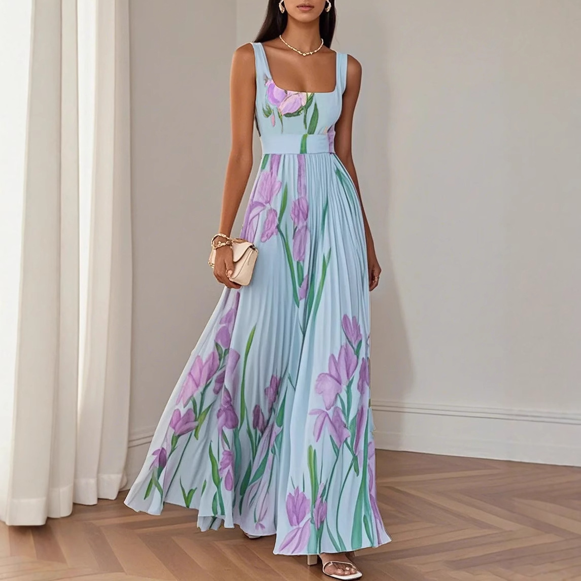 Women's Sleeveless Floral Midi Dress Digital Print Pleated A-Line
