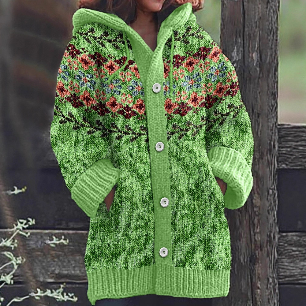 Women's Floral Leaf Print Hooded Button Cardigan Sweater