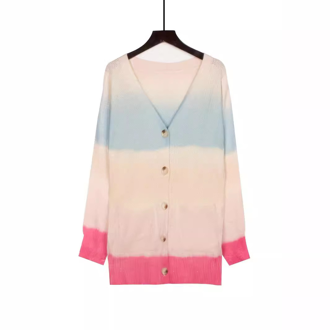 Women's Long Color Block Print Knit Cardigan V-Neck Button Front Long Sleeve