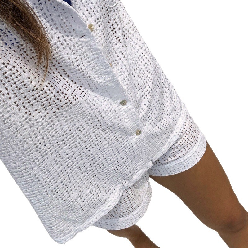 Women's Open-Front Short Sleeve Shirt and Shorts Set Hollow-Out Solid Casual