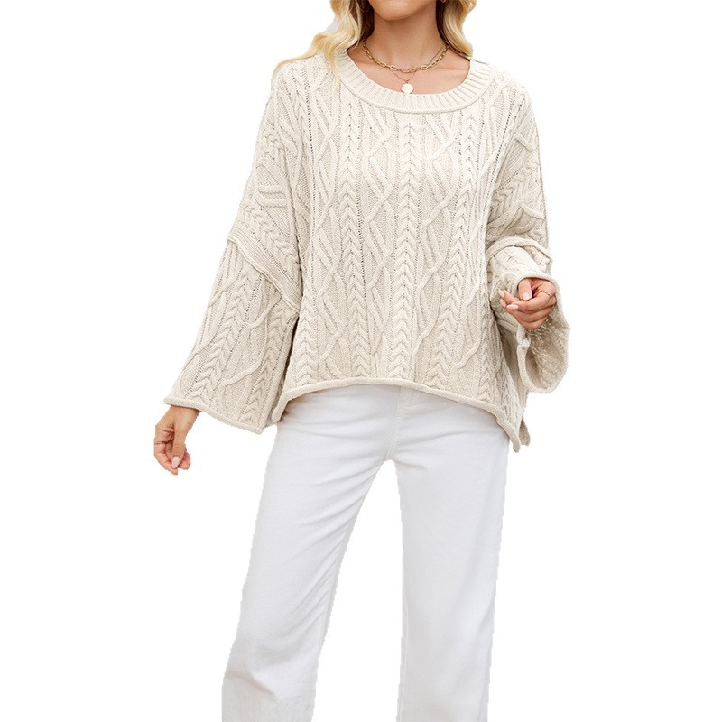 Cable-Knit Crewneck Loose Solid Color Sweater
