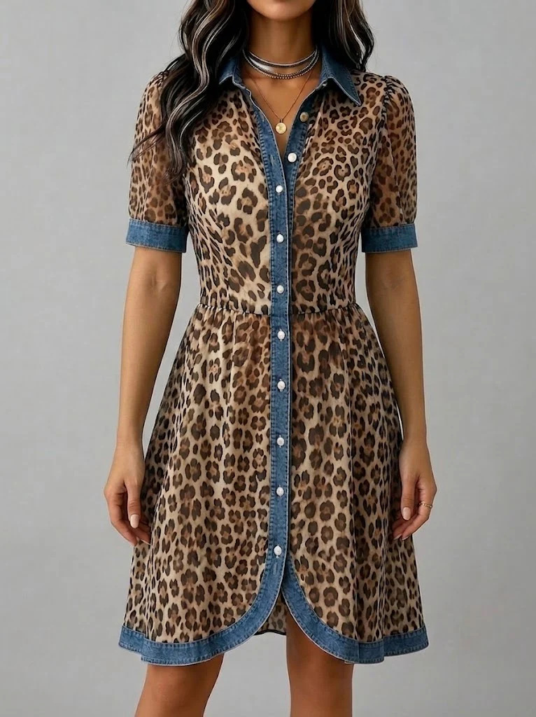 Leopard Print Long Sleeve A-Line Dress with Faux Denim Panels