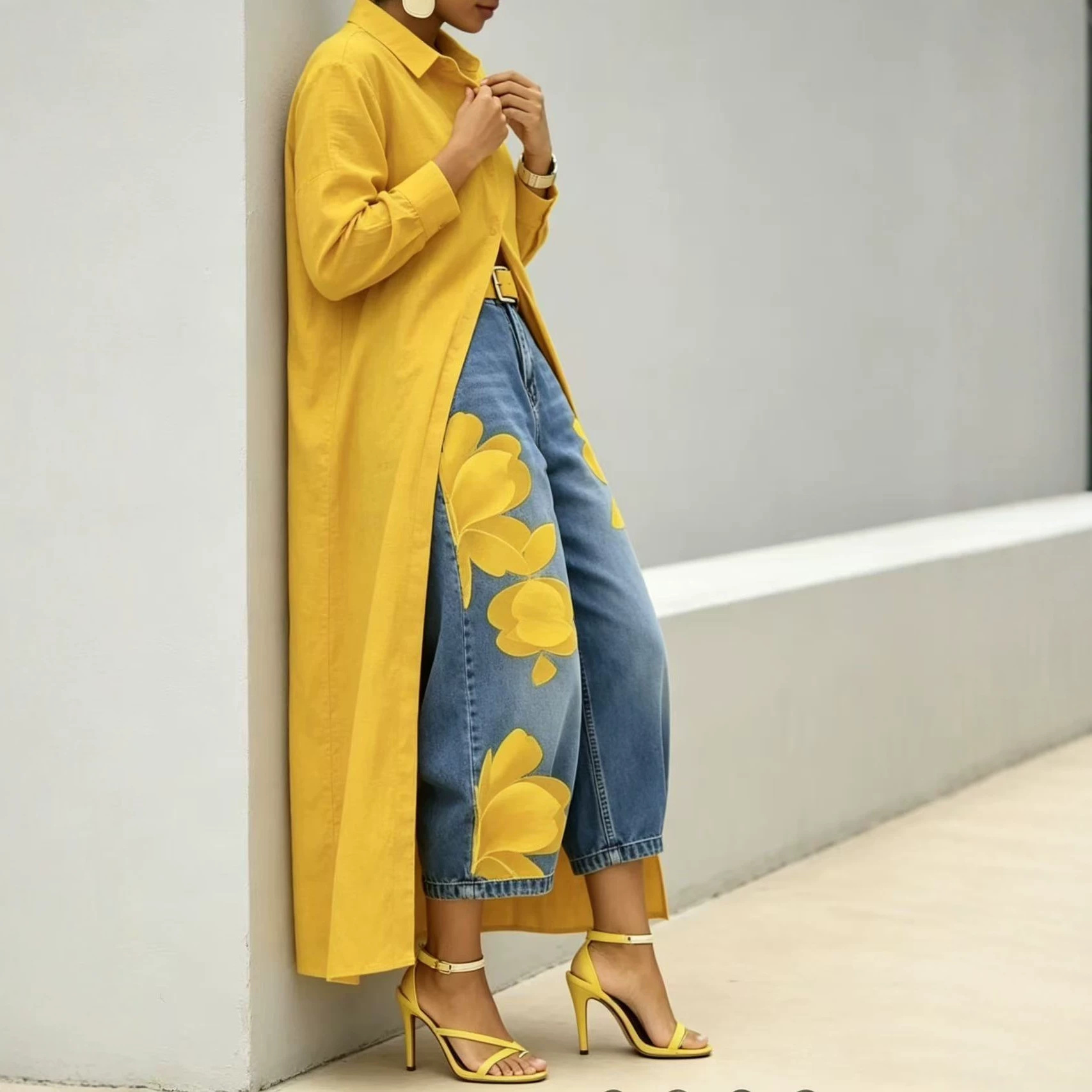 Yellow Long Shirt Jacket & Floral Wide-Leg Jeans Set