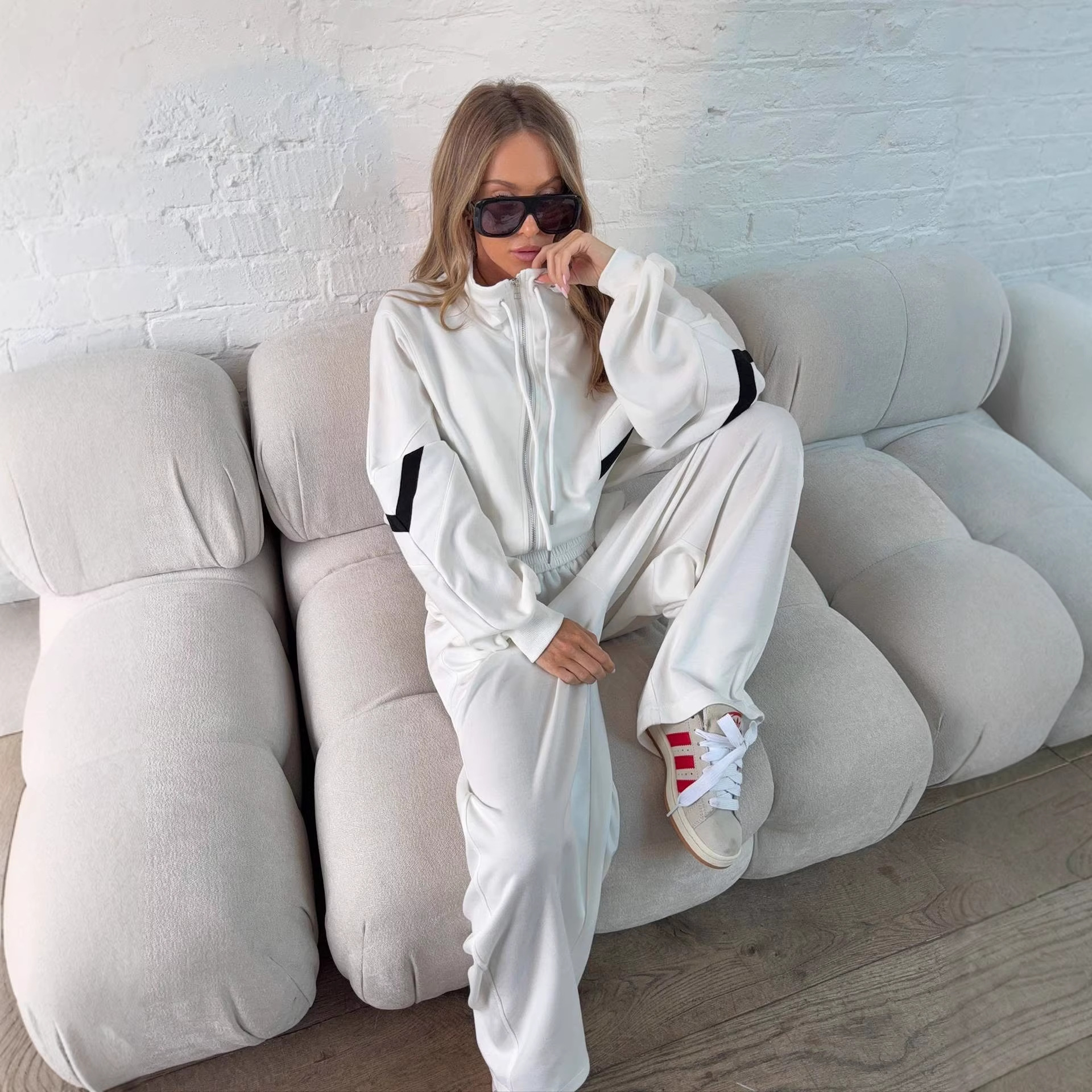 Women's Long Sleeve Casual Two-Piece Pant Set with Colorblock Detail