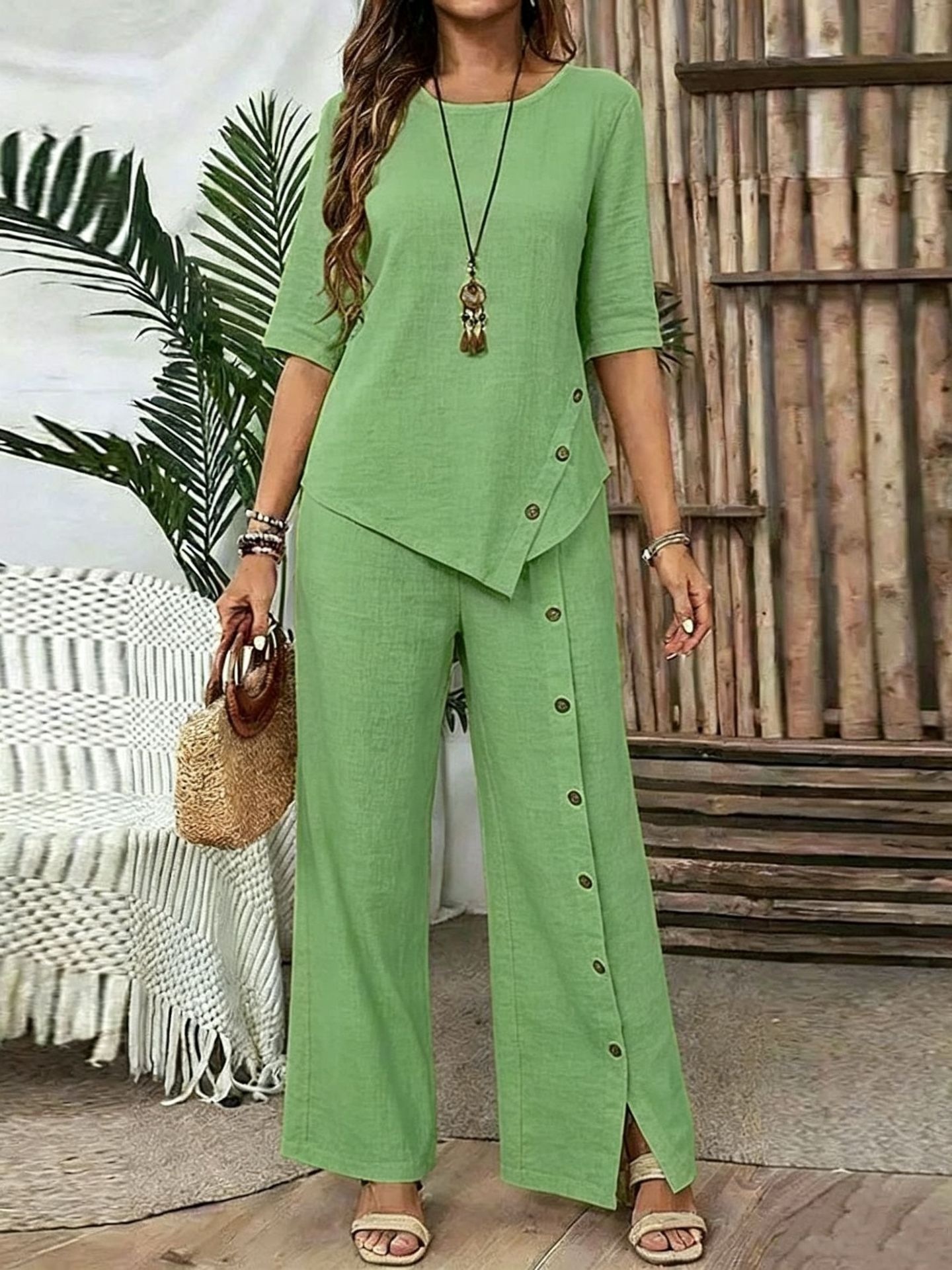 Women's Asymmetrical Hem Button Half-Sleeve Shirt and Pants Set
