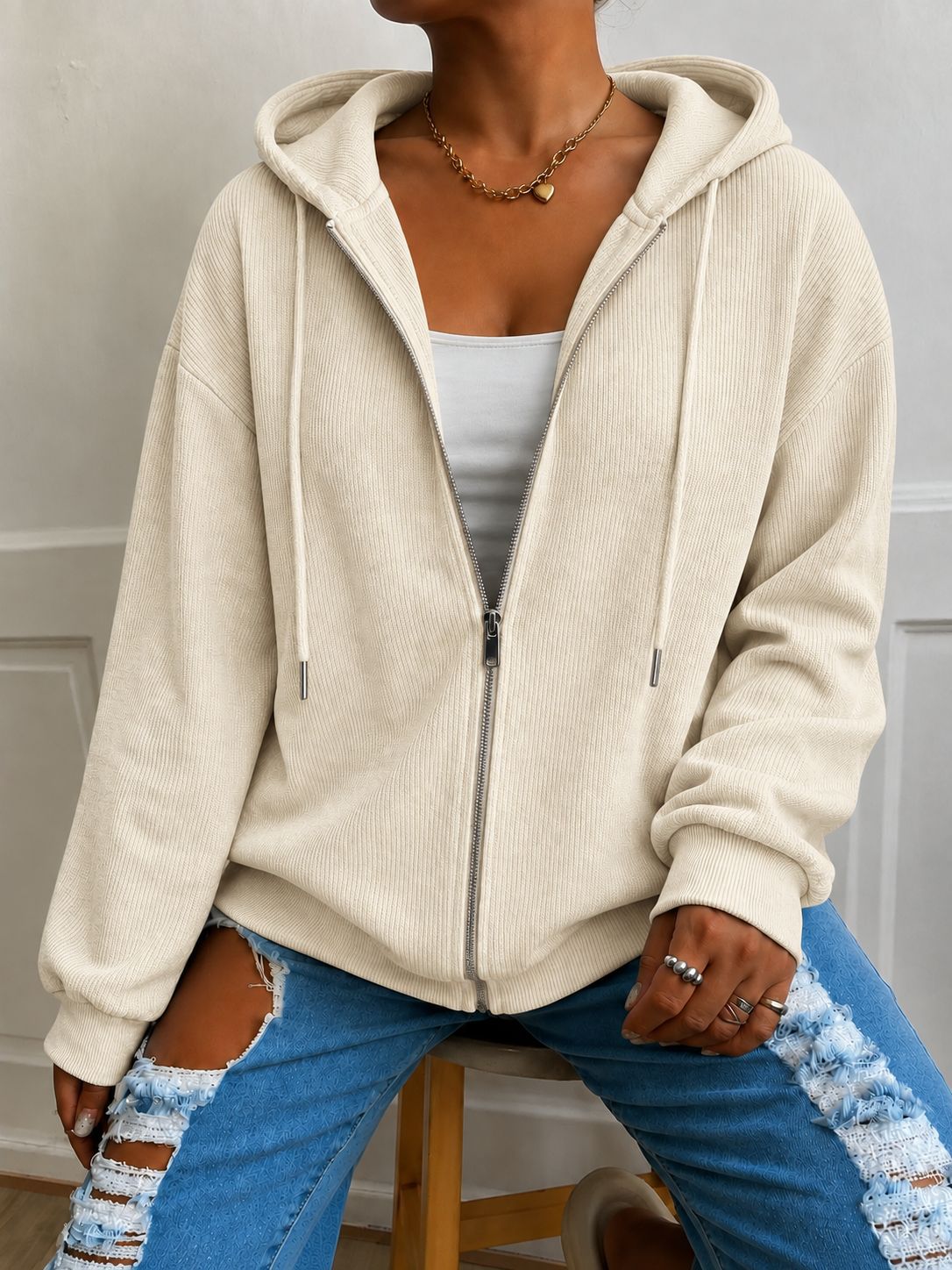 Women's Casual Loose Hooded Zip Knit Cardigan Textured Long Sleeve Outerwear
