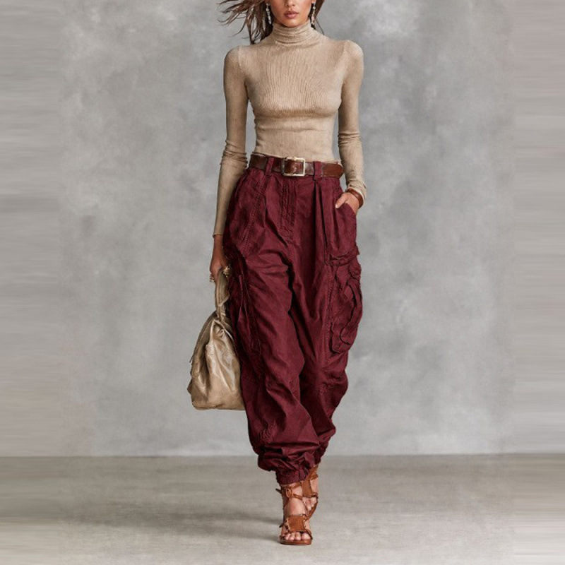 High-Waisted Wide-Leg Cargo Pants for Women, Loose Streetwear, Non-Stretch