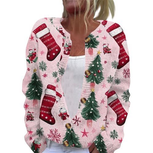 Christmas Hat Print Button-Front Cardigan for Women