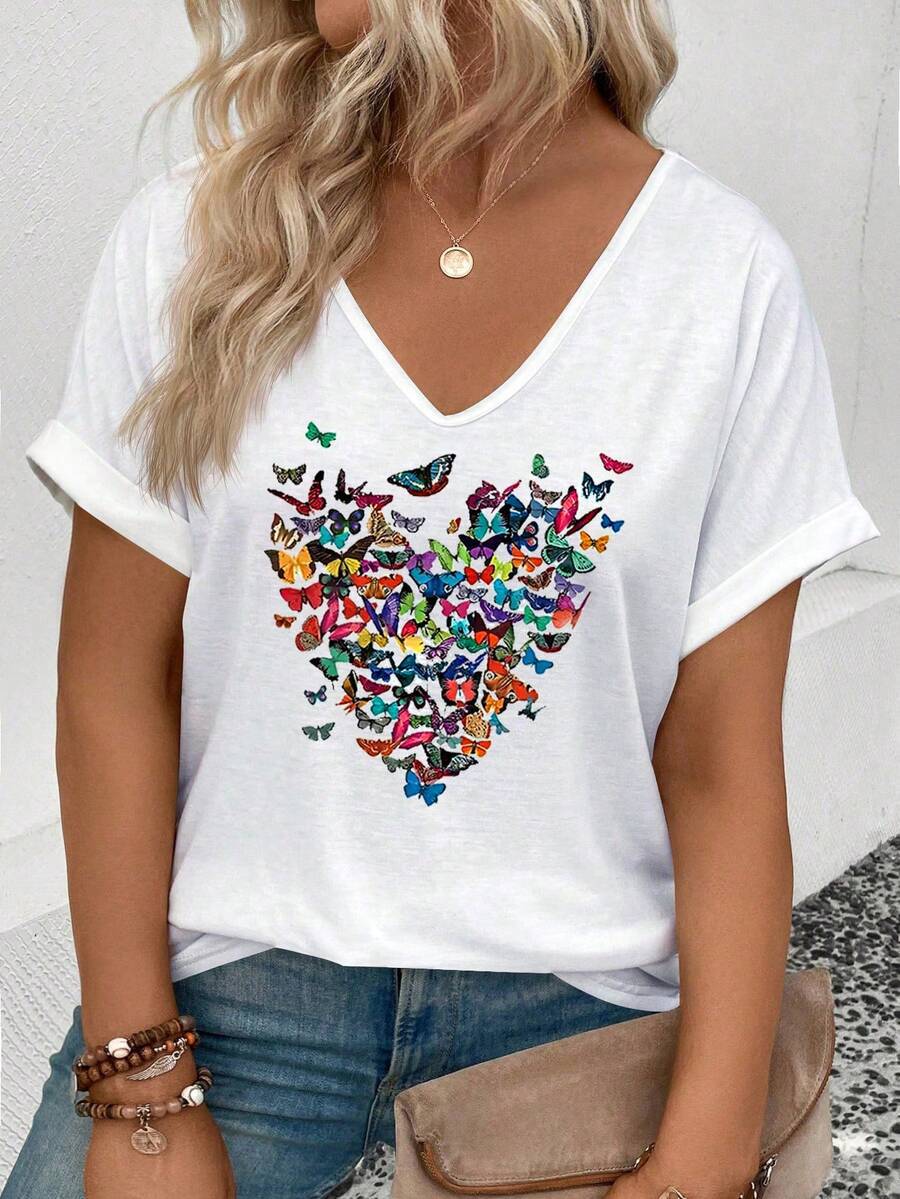Gradient Heart Print V-Neck Short Sleeve Loose Women's Top