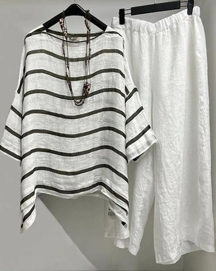Striped Round Neck Five-Sleeve T-Shirt and Pants Set Women