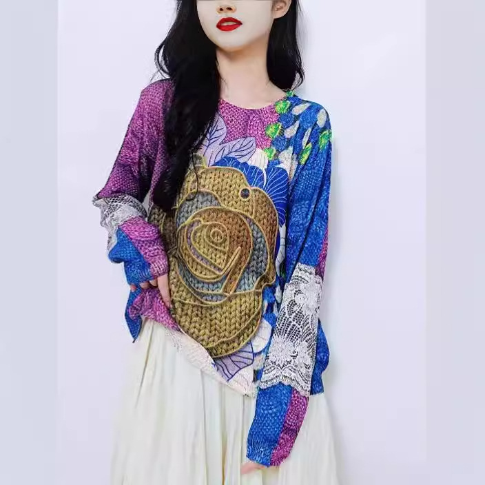 Palace Oil Painting Print Knit Pullover Sweater Long Sleeve Crew Neck Color Block Women's