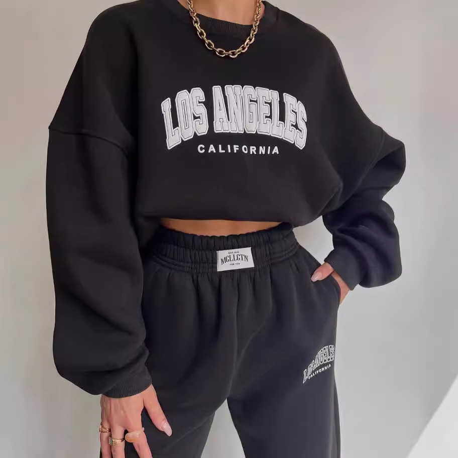 Women's Casual Print Fleece-Lined Sweatshirt and Pants Set