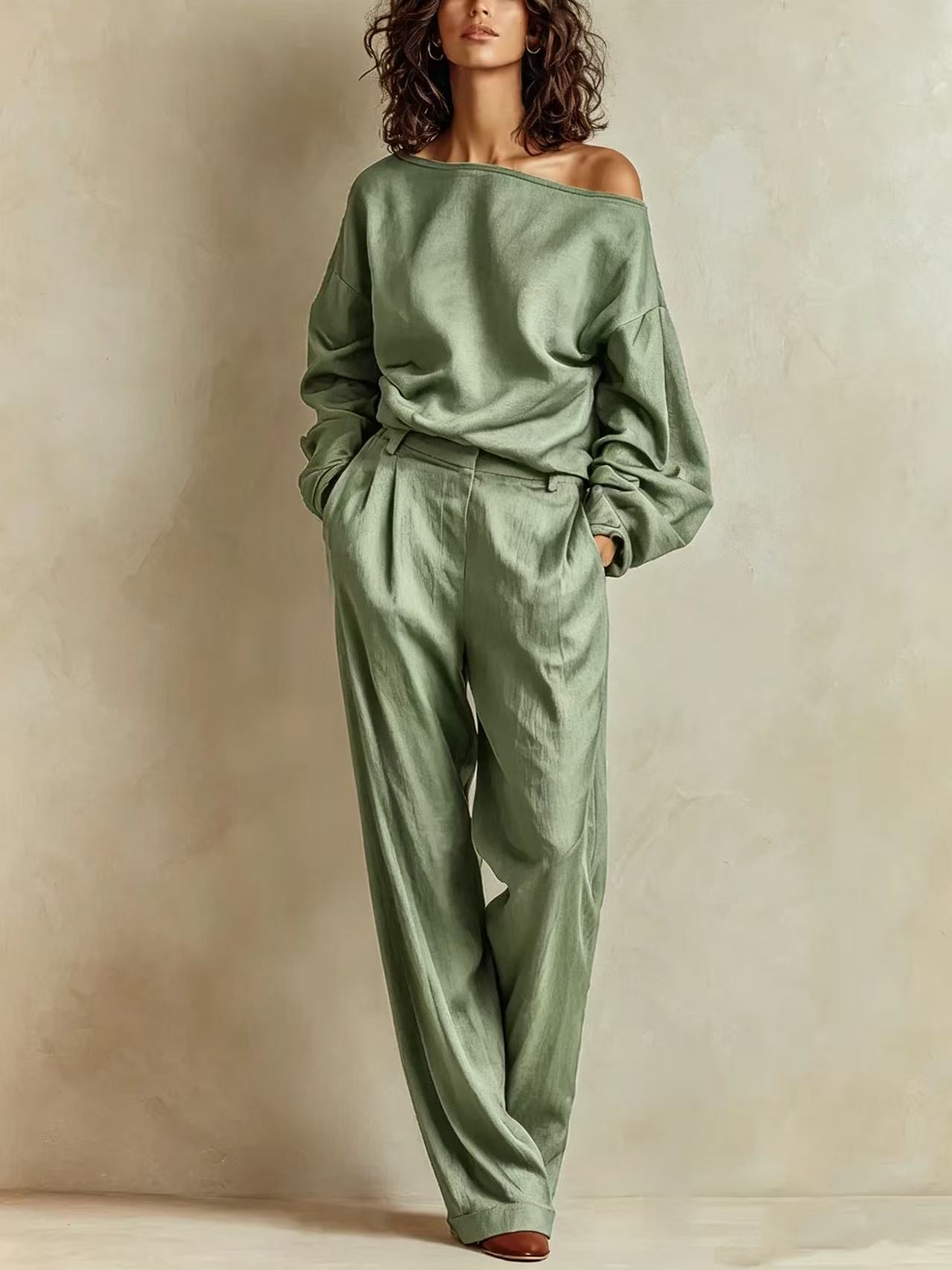 Women's One-Shoulder Long Sleeve Top and Pants Set