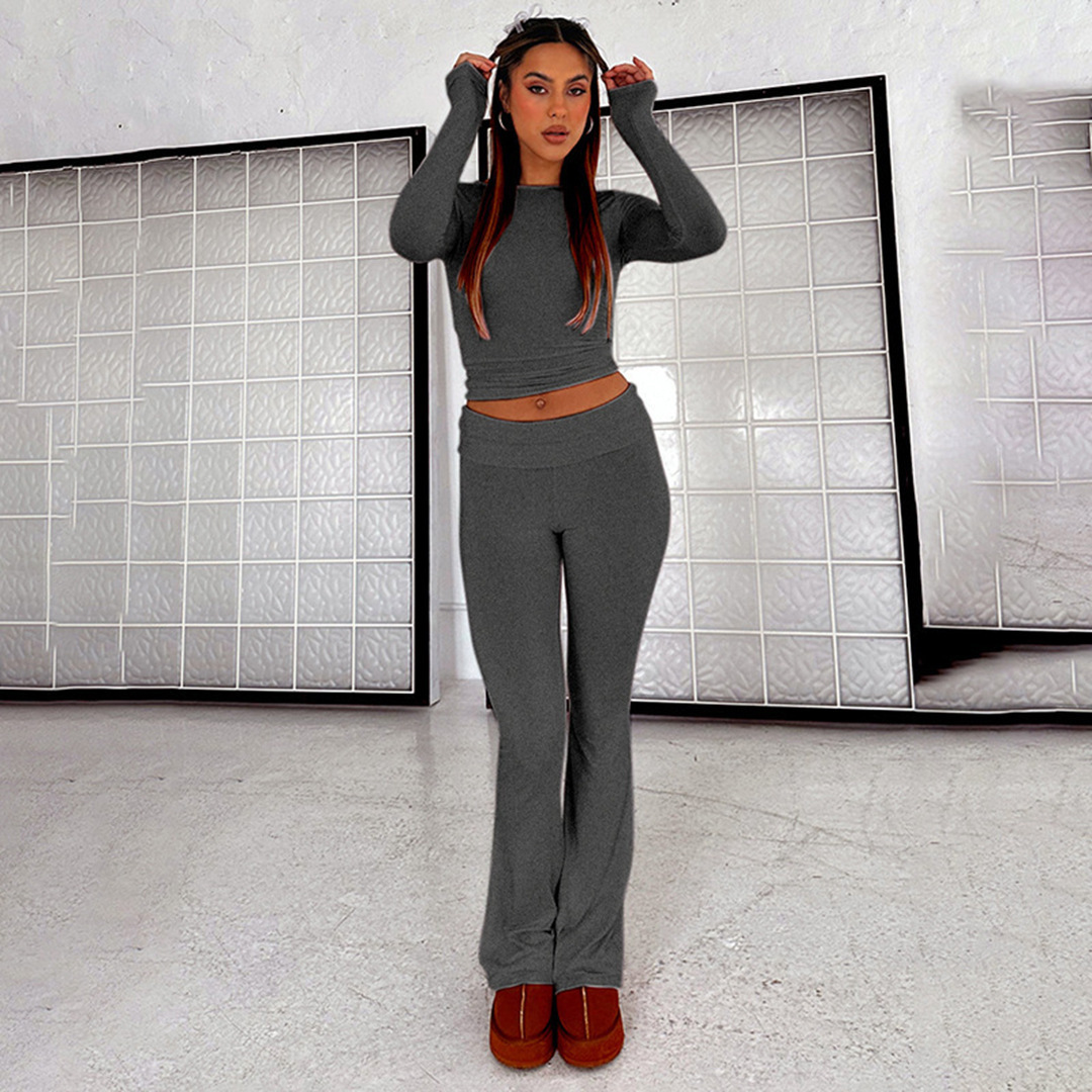 Women's Solid Color Long Sleeve Top and Pants Two-Piece Set
