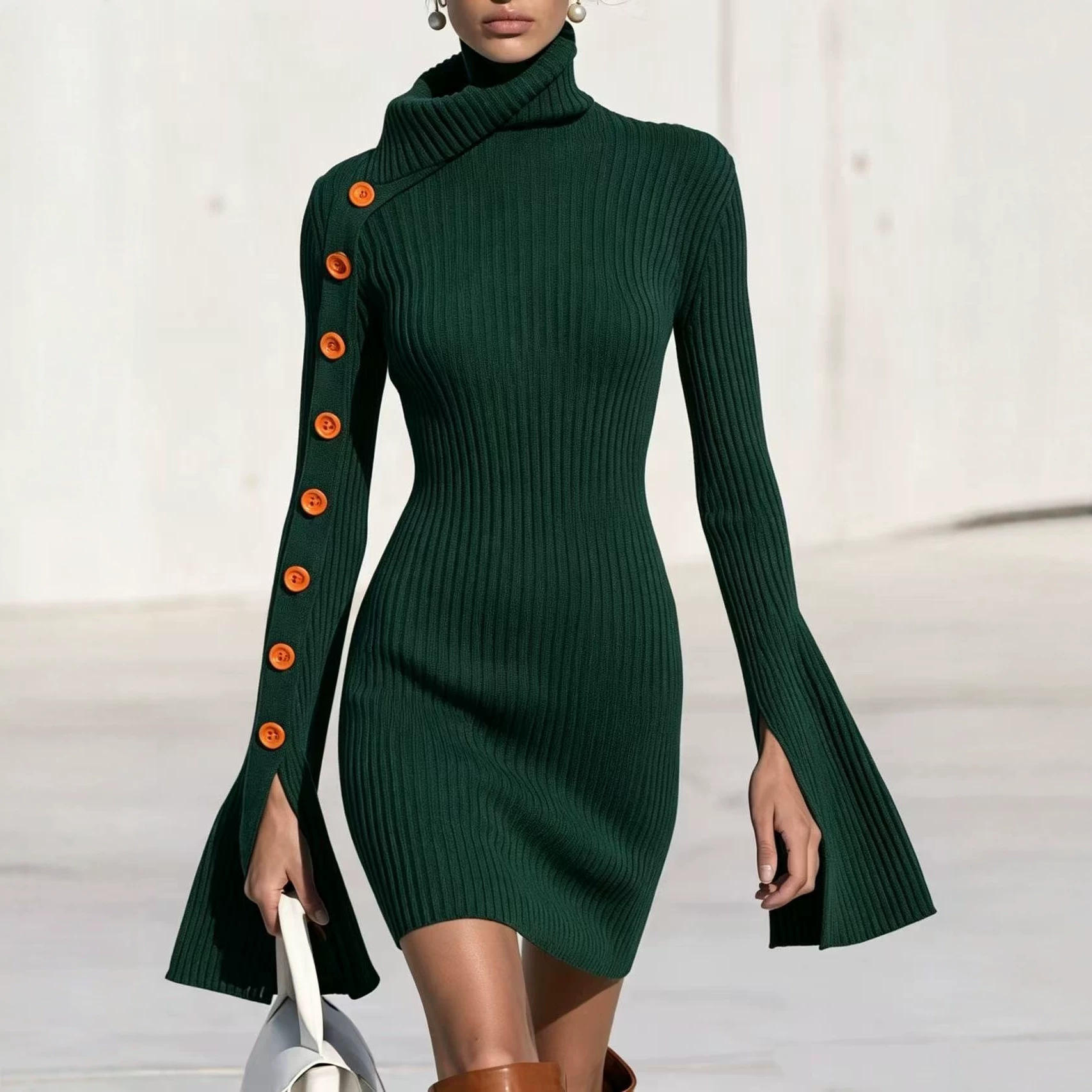 Slim-Fit Ribbed Button-Accent A-Line Dress