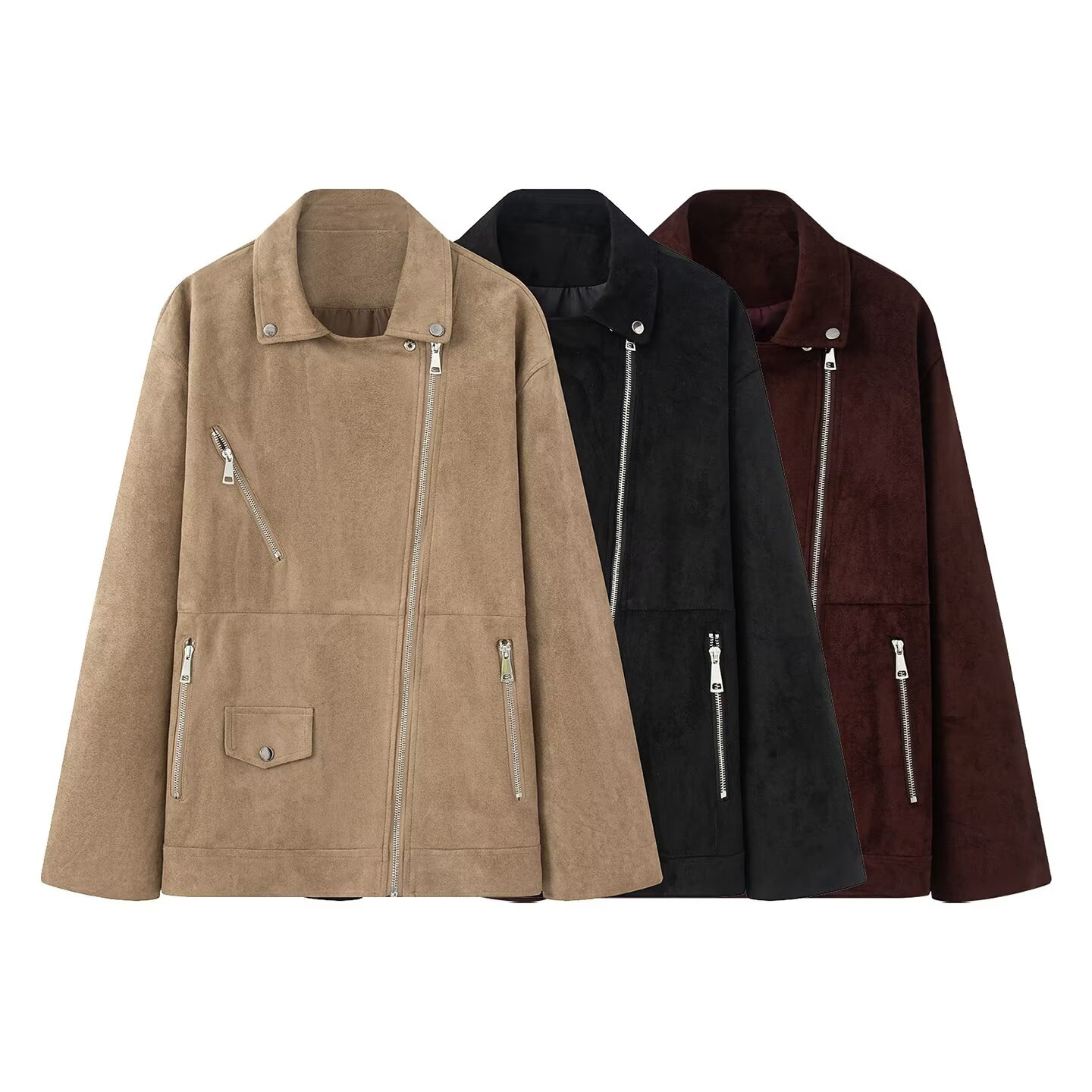 Suede-Feel Moto Jacket with Lapel Collar