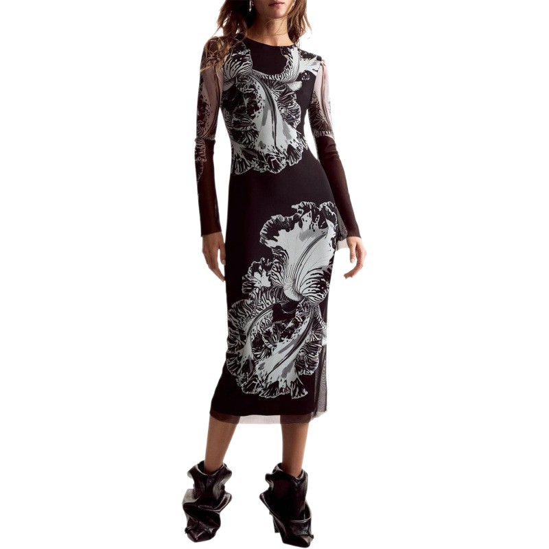 Retro Print Long Sleeve Midi Dress