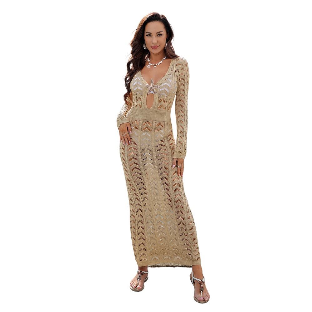 Solid Knit Long Sleeve Beach Dress Cover-Up