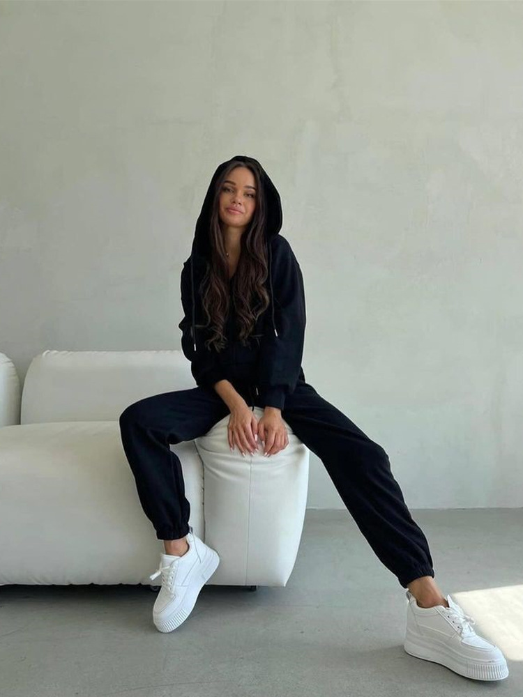 Women's Solid Color Long Sleeve Zip Hoodie and Drawstring Pants Two-Piece Set