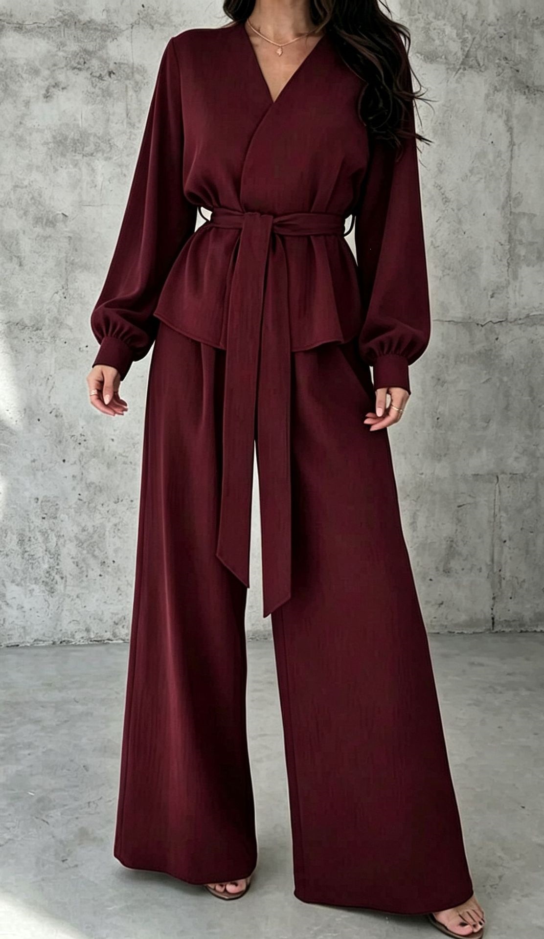 V-Neck Tie-Front Long-Sleeve Wide-Leg Two-Piece Set