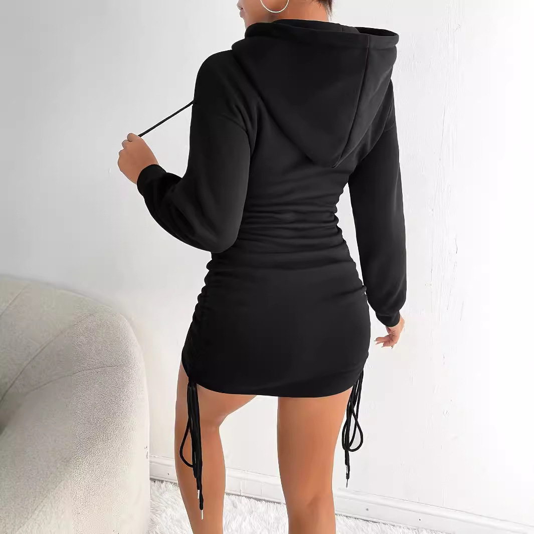 Women's Hooded Sweatshirt Dress with Side Drawstring Ruched Detail