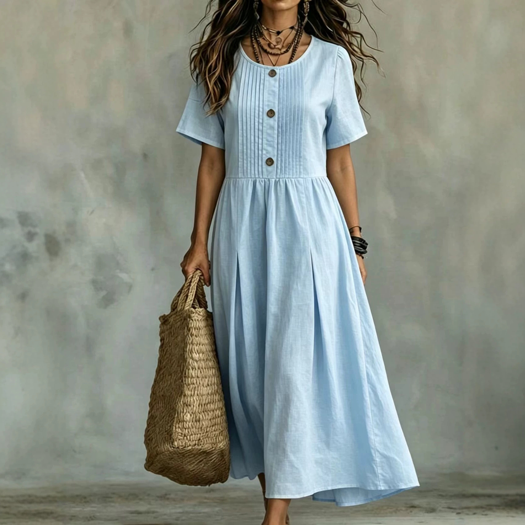 Women's Cotton-Linen Short Sleeve Midi A-Line Dress Loose Fit