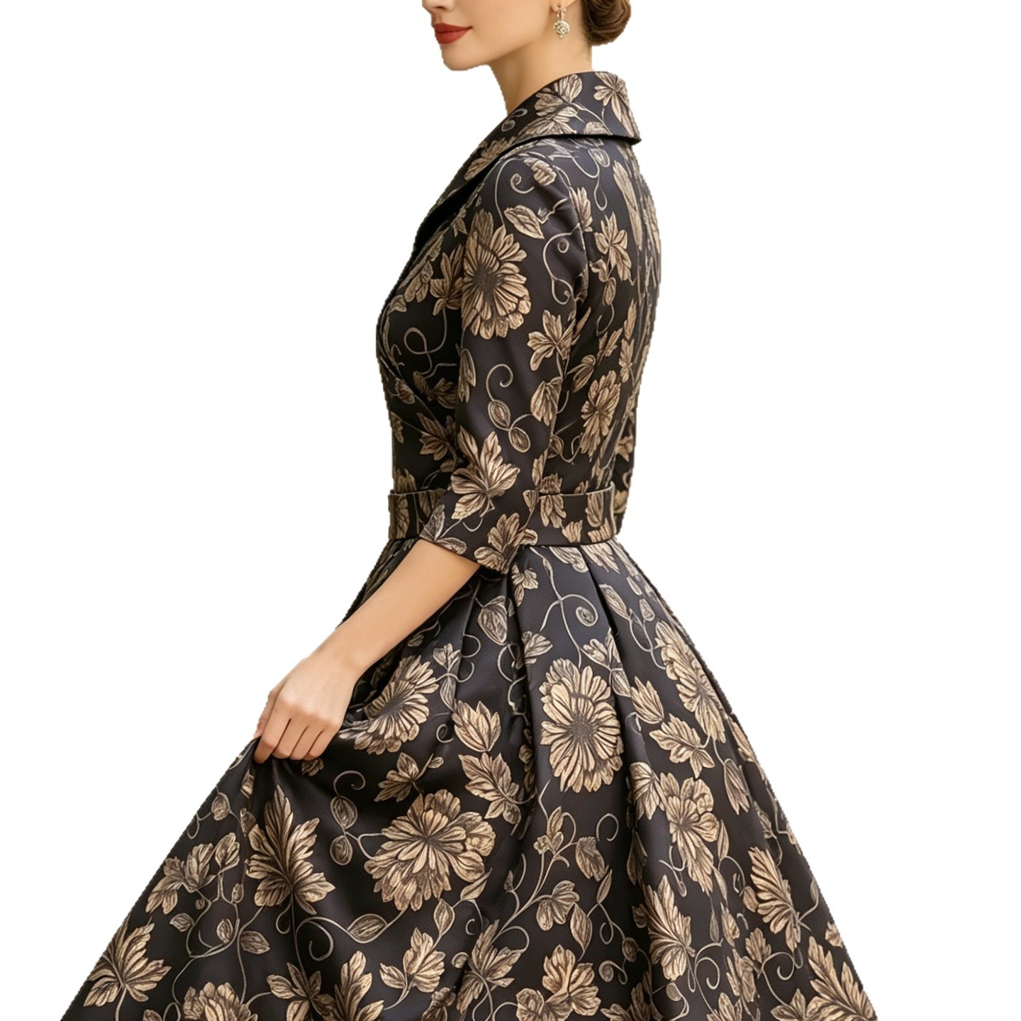 French Vintage Gold Brown Print Dress V-Neck Waist Cinched Seven Sleeve Flared Skirt