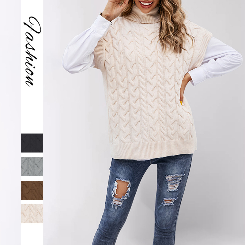Sleeveless Cable-Knit Turtleneck Sweater Vest