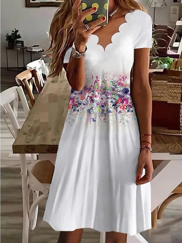 Women's Summer Digital Print V-Neck Short Sleeve Dress