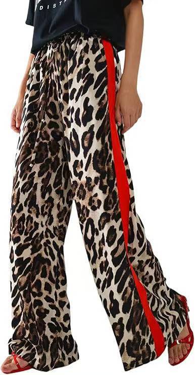 Leopard Print Patchwork Wide-Leg Casual Pants