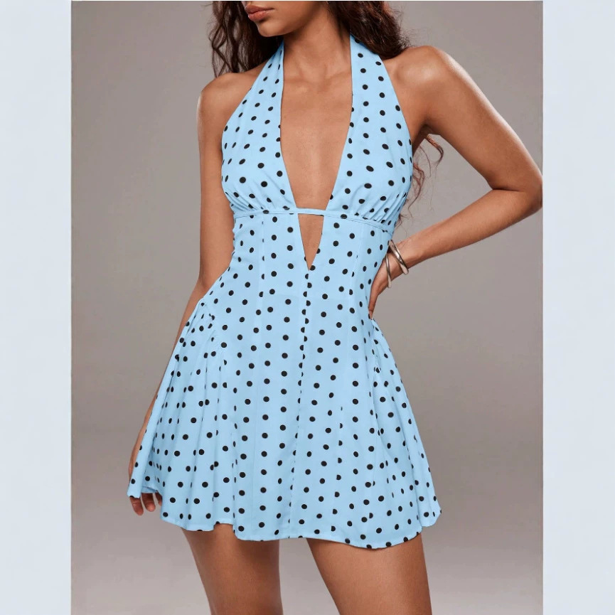 Sleeveless Halter V-Neck Polka Dot Open-Back Mini Dress