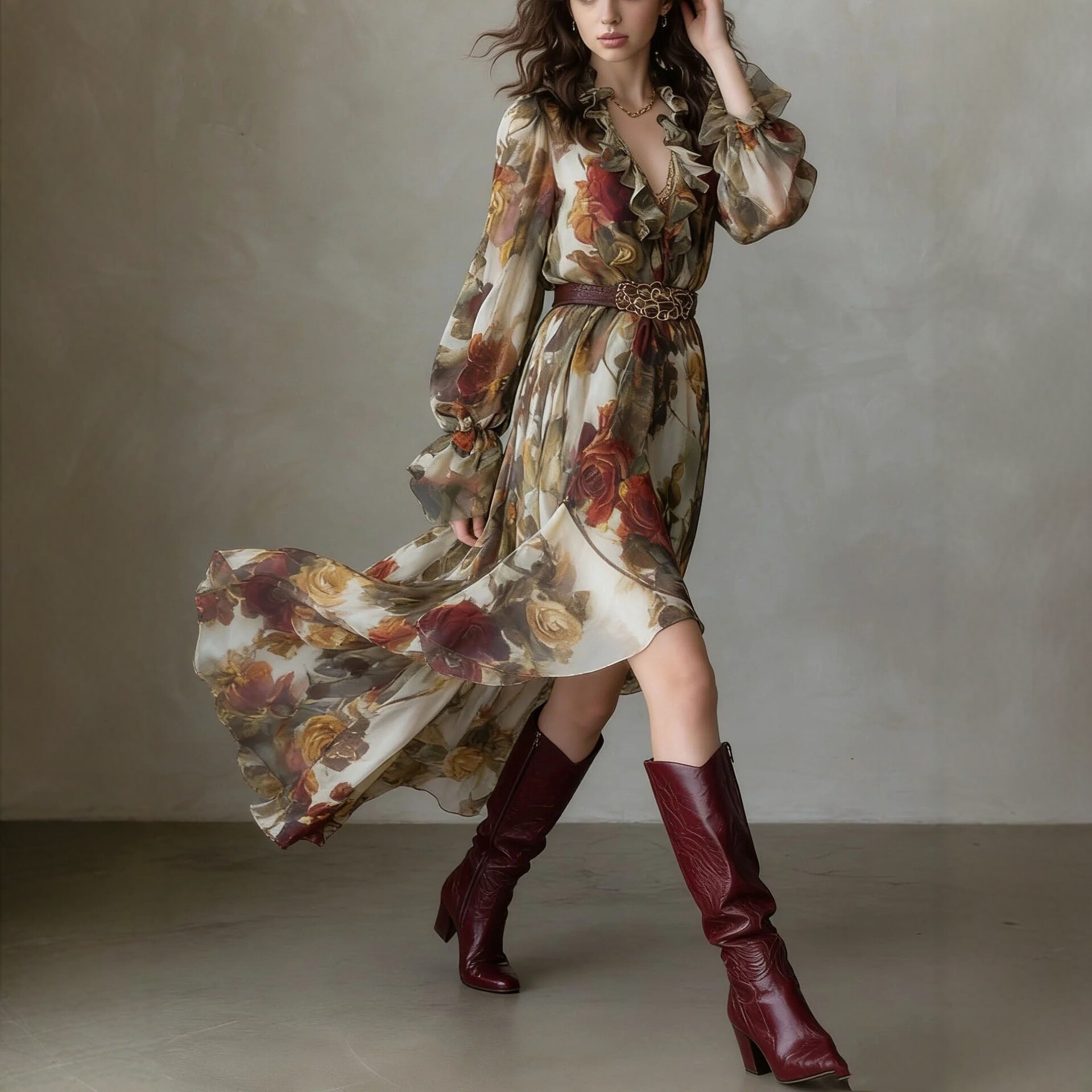 Vintage Oil Painting Rose Print Ruffled V-Neck Long Sleeve Waist-Cinching Asymmetric Chiffon Maxi Dress with