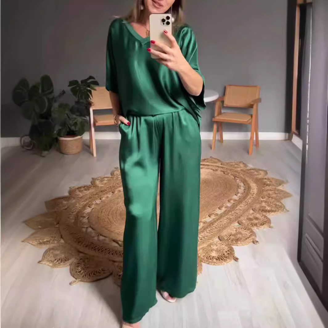 Women's Solid Silk-Finish V-Neck Casual Two-Piece Pants Set