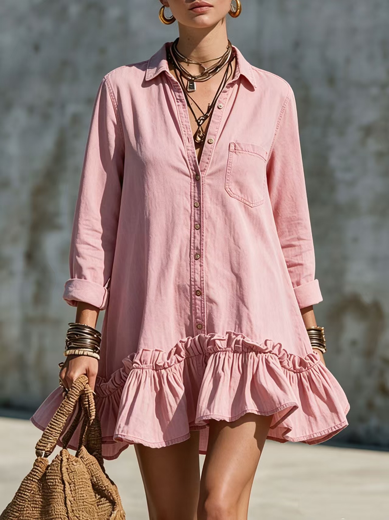 Retro Button-Front Shirt Dress with Ruffle Hem, Loose Fit, Long Sleeve, Short Length