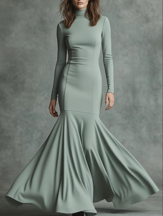 High-Neck Mermaid Maxi Dress with Long Sleeves
