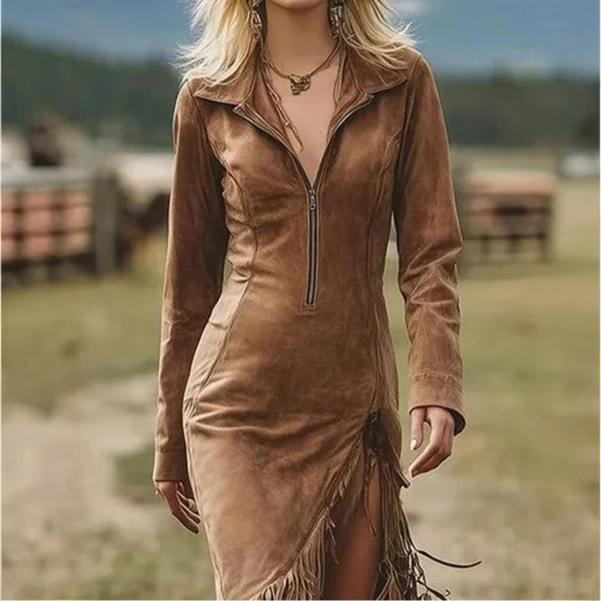 Solid Color Fringe Zip Midi Dress with Lapel Collar